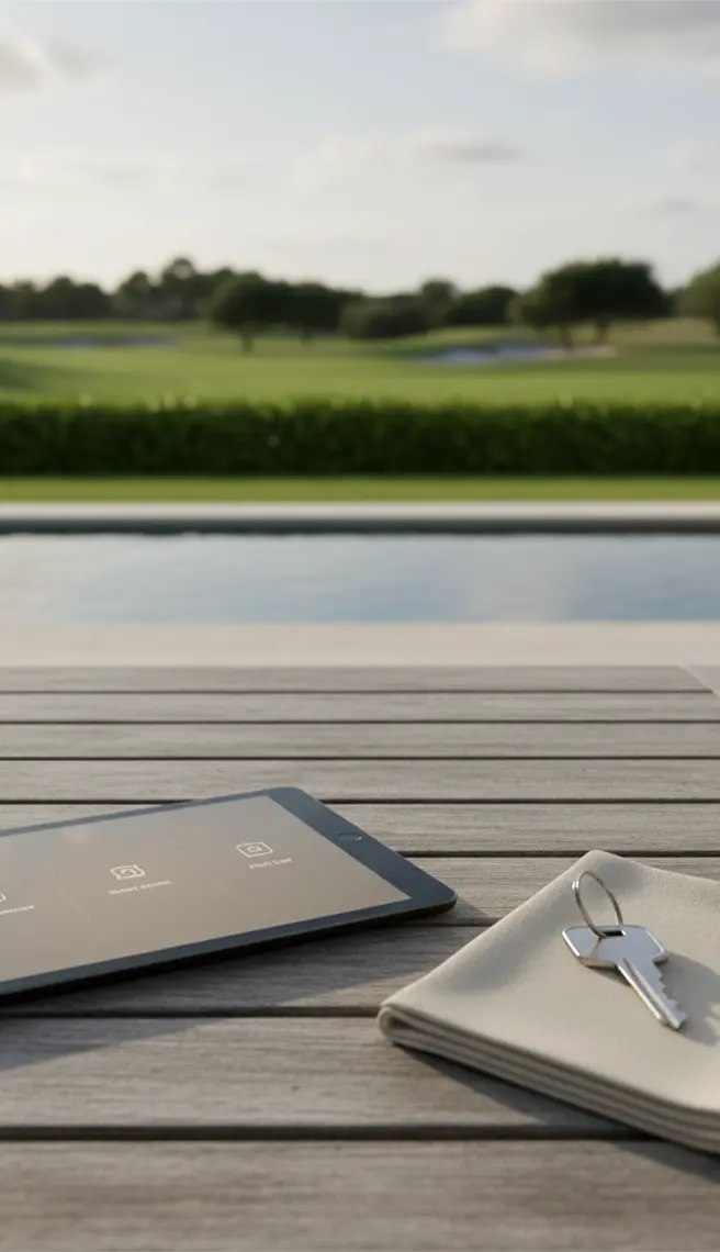 Property key handover and digital management tools prepared poolside at a luxury Algarve villa